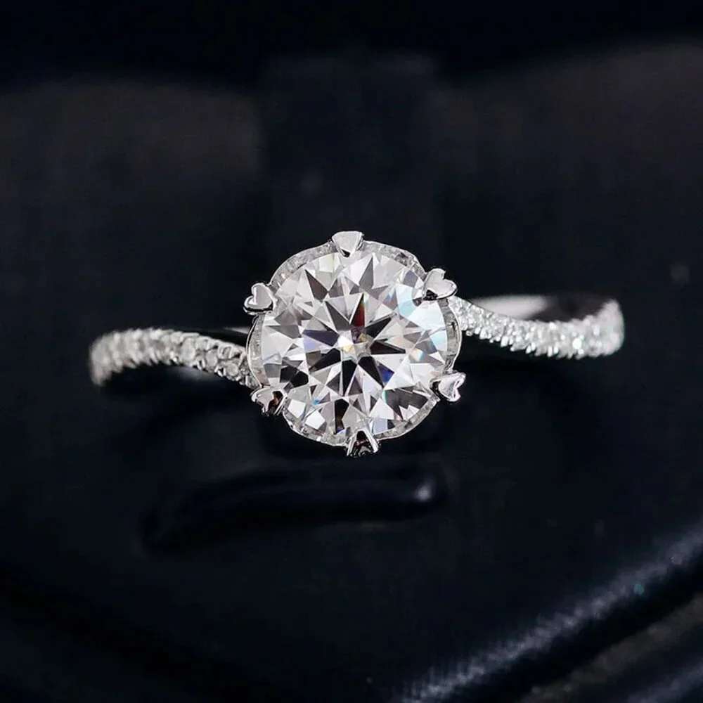 😍MOISSANITE SILVER ROUND TWISTED BIG FLOWER SOLITAIRE ENGAGEMENT RING, K758
